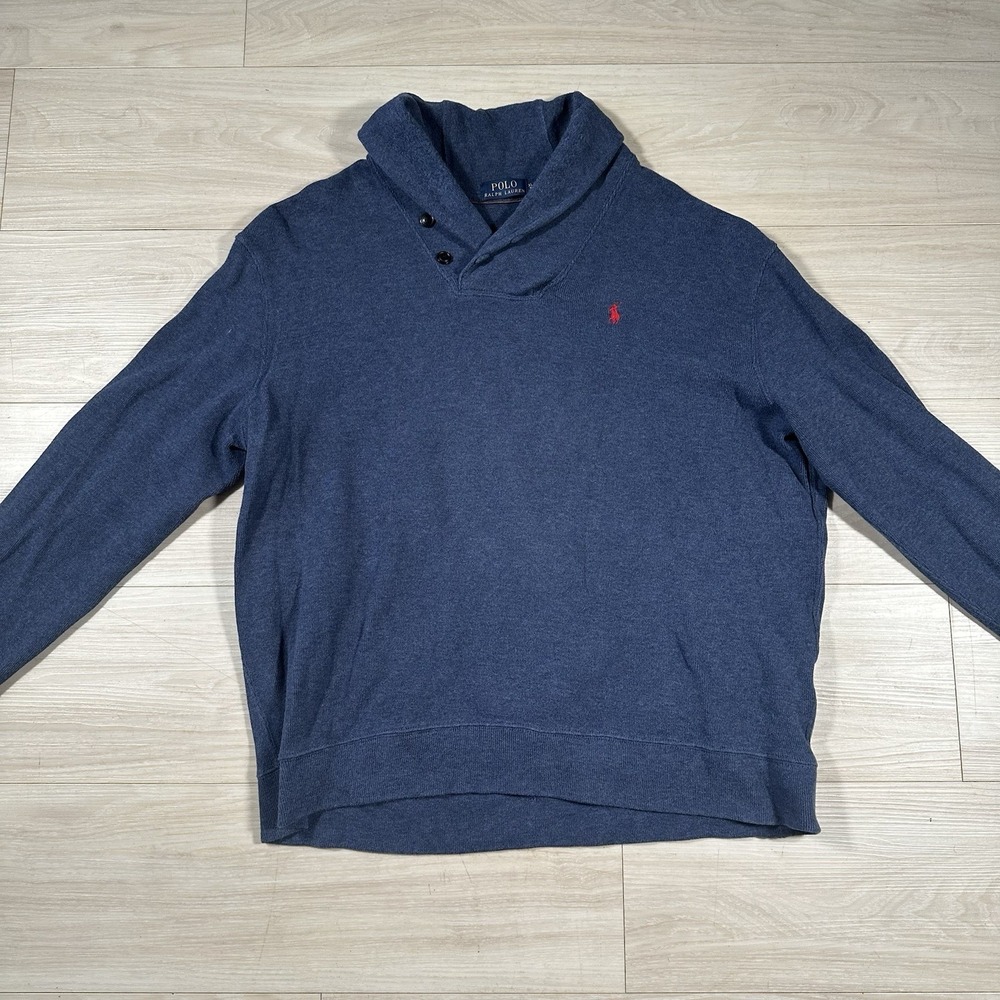 Polo Ralph Lauren Blue Shawl Collar Pullover Sweater Mens XL 100% Cotton Preppy - Picture 2 of 8